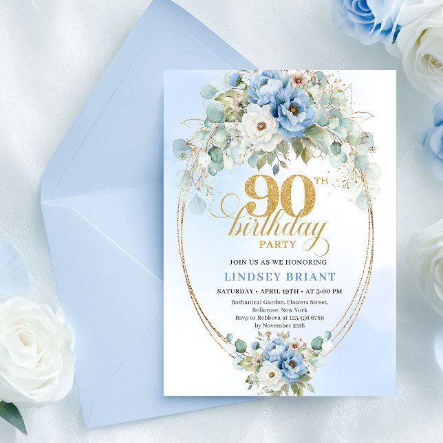 Convites Modern Blue Peonies Greenery 90th Birthday Invite (Modern Blue Peonies Greenery 90th Birthday Invite

)