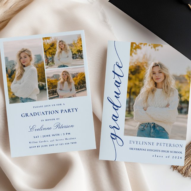 Convites Modern Blue Script Photo Graduation Invitation (Criador carregado)