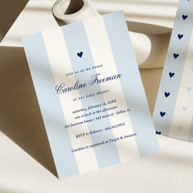 Convites Modern Blue Stripe Heart Valentine Baby Shower (Criador carregado)