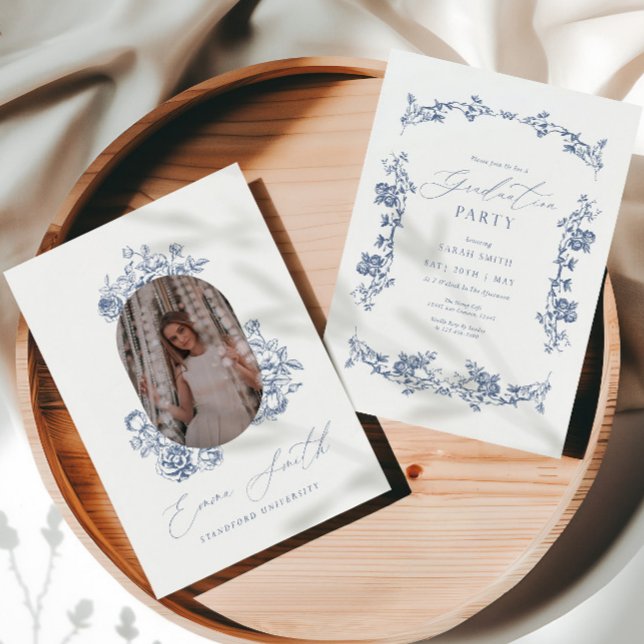 Convites Modern Blue Toile Graduation Photo Announcement (Criador carregado)