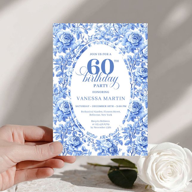 Convites Modern Blue Toile Roses 60th Birthday Invite Digit (Modern Blue Toile Roses 60th Birthday Invite Digital

)