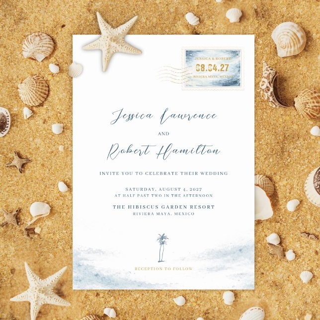 Convites Modern Blue Watercolor Stamp Wedding Invitation (Destination Ocean Wedding Invitation and Details Card)