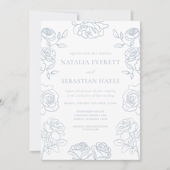 Convites Modern Blue & White French Roses Wedding (Frente)