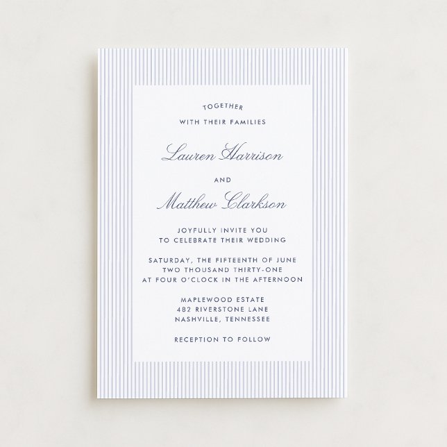 Convites Modern Blue & White Pinstripe Wedding Invitation (Criador carregado)
