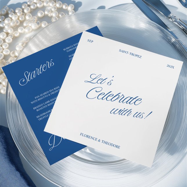 Convites Modern Blue & White Script Wedding Menu Card (Modern Blue & White Script Wedding Menu Card)