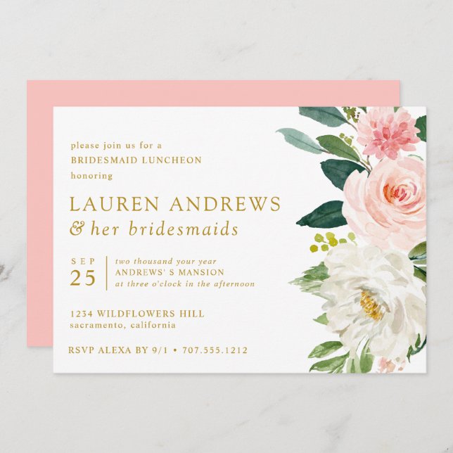 Convites Modern Blush Chic Floral Dourada Bridesmaid Lunche (Frente/Verso)