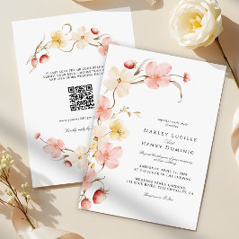 Convites Modern Blush Floral QR Code All In One Wedding