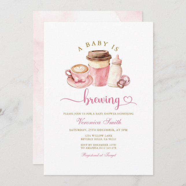 Convites Modern Blush Pink Coffee Theme Latte Baby Shower (Frente/Verso)