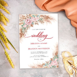Convites Modern Blush Roses Pampas Grass Floral Wedding