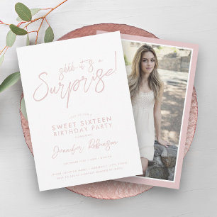 Convites Modern Blush & White Photo Surprise Sweet 16