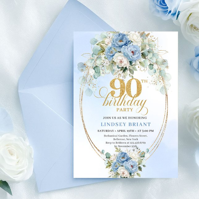 Convites Modern Boho Blue Floral Gold 90th Birthday Invite (Modern Boho Blue Floral Gold 90th Birthday Invite)