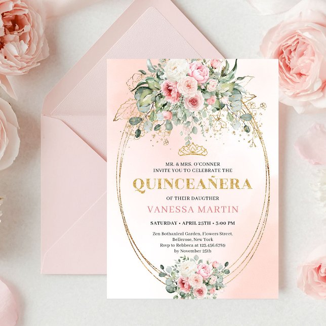 Convites Modern Boho Blush Floral Quinceañera Invitation (Modern Boho Blush Floral Quinceañera Invitation)