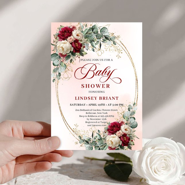 Convites Modern Boho Burgundy and Gold Baby Shower Invite (Modern Boho Burgundy and Gold Baby Shower Invite)