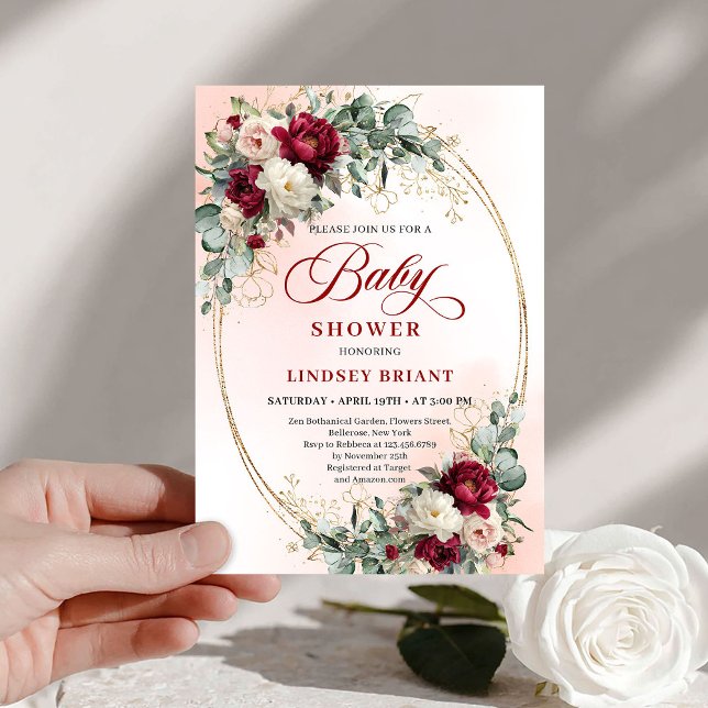 Convites Modern Boho Burgundy and Gold Baby Shower Invite (Modern Boho Burgundy and Gold Baby Shower Invite)