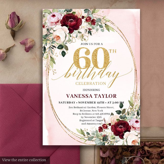 Convites Modern Boho Burgundy Blush Floral 60th Birthday (Modern Boho Burgundy Blush Floral 60th Birthday)