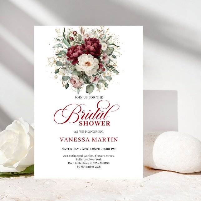 Convites Modern Boho Burgundy Eucalyptus Gold Bridal Shower (Modern Boho Burgundy Eucalyptus Gold Bridal Shower Invitation)
