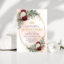 Convites Modern Boho Burgundy Floral Quinceañera Invitation