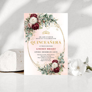 Convites Modern Boho Burgundy Floral Quinceañera Invitation