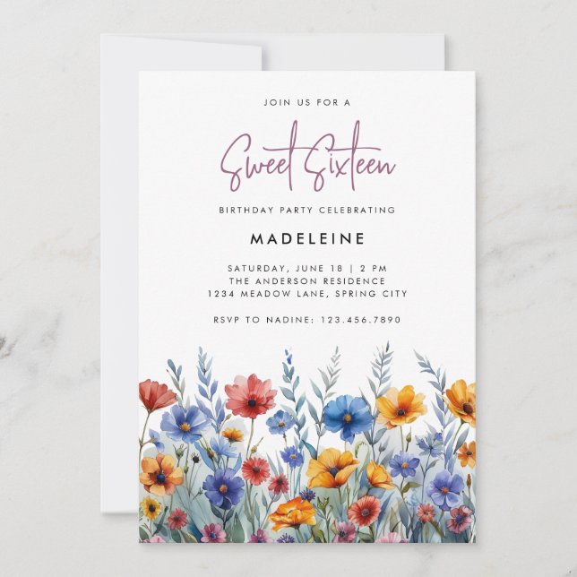 Convites Modern Boho Colorful Wildflower Sweet Sessenta (Frente)
