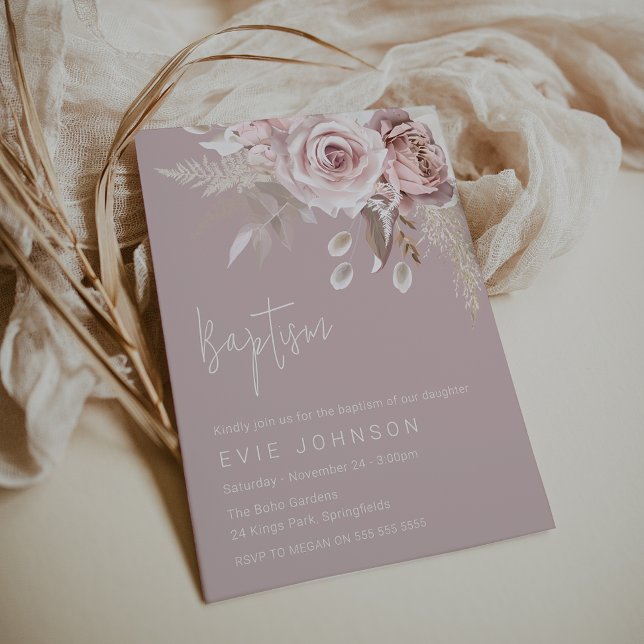 Convites Modern Boho Dusty Rosa Baptism (Criador carregado)