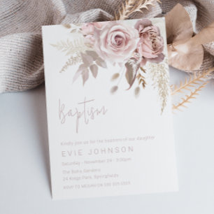 Convites Modern Boho Dusty Rosa e Blush Floral Baptism