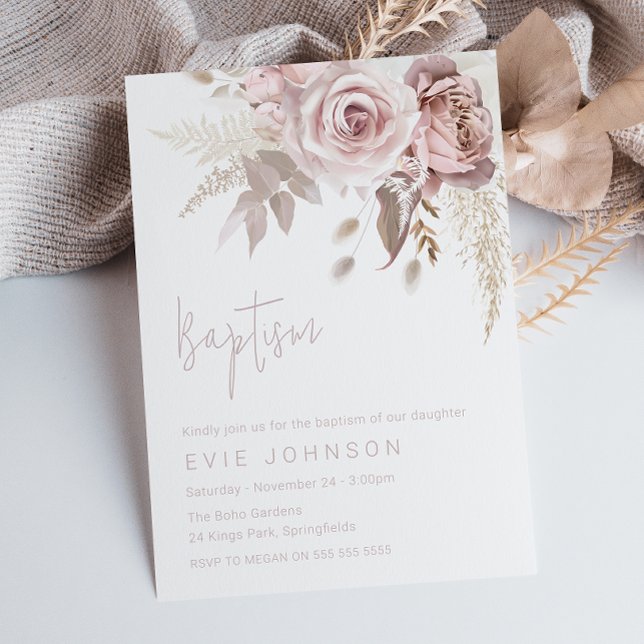 Convites Modern Boho Dusty Rosa e Blush Floral Baptism (Criador carregado)