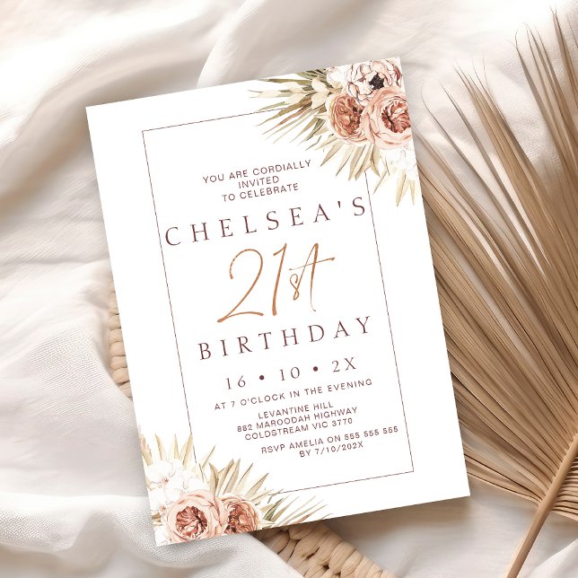 Convites Modern Boho Floral aniversário de 21 anos (Boho Floral 21st Birthday Invitation, Bohemian Floral 21st Birthday Invite, Modern Rustic Girl)