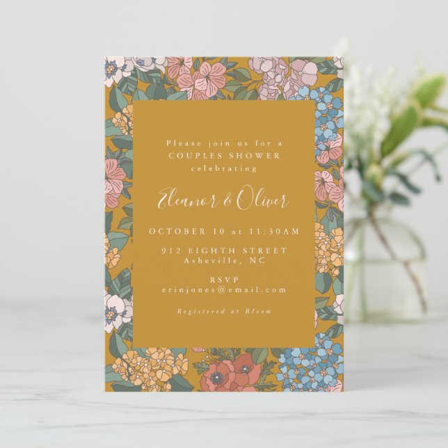 Convites Modern Boho Floral Mustard Yellow Couples Shower (Em pé/Frente)