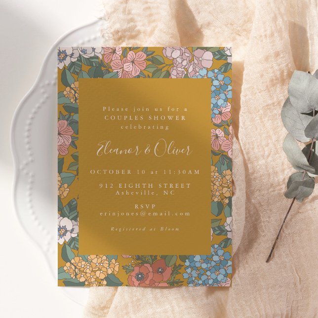 Convites Modern Boho Floral Mustard Yellow Couples Shower (Criador carregado)
