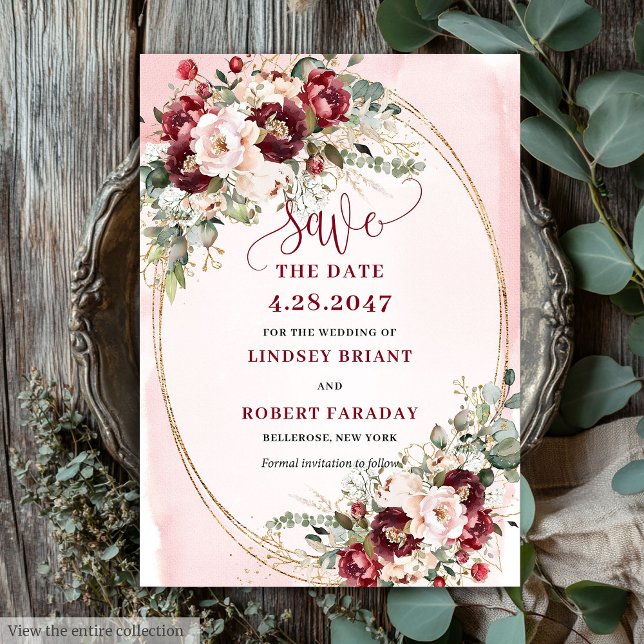 Convites Modern Boho Merlot Blush Gold Floral Save Date (Modern Boho Merlot Blush Gold Floral Save Date)