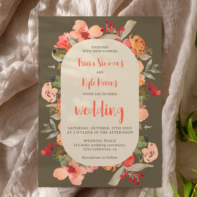 Convites Modern Boho outono terracotta casamento floral ver (Modern Boho fall terracotta green floral wedding Invitation)