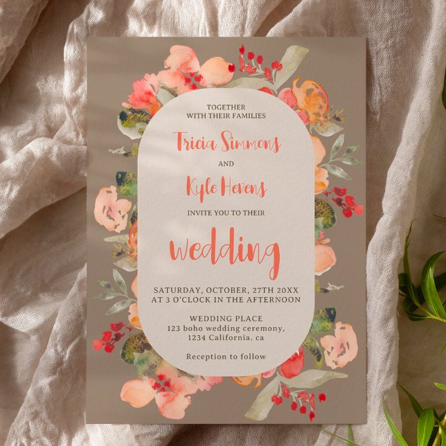 Convites Modern Boho outono terracotta khaki casamento flor (Modern Boho fall terracotta khaki floral wedding Invitation)