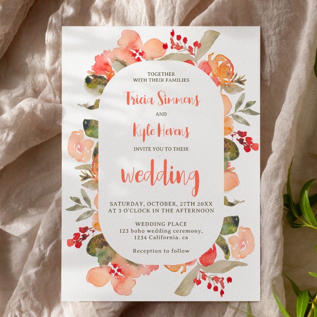 Convites Modern Boho outono terracotta script floral casame (Modern Boho fall terracotta floral script wedding Invitation)