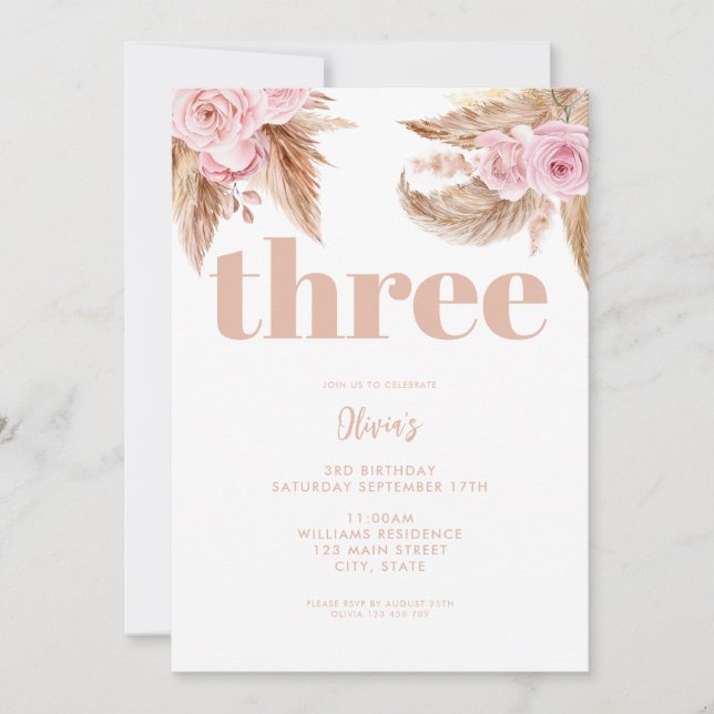 Convites Modern Boho Pampas Floral aniversário de 3 anos (Frente)