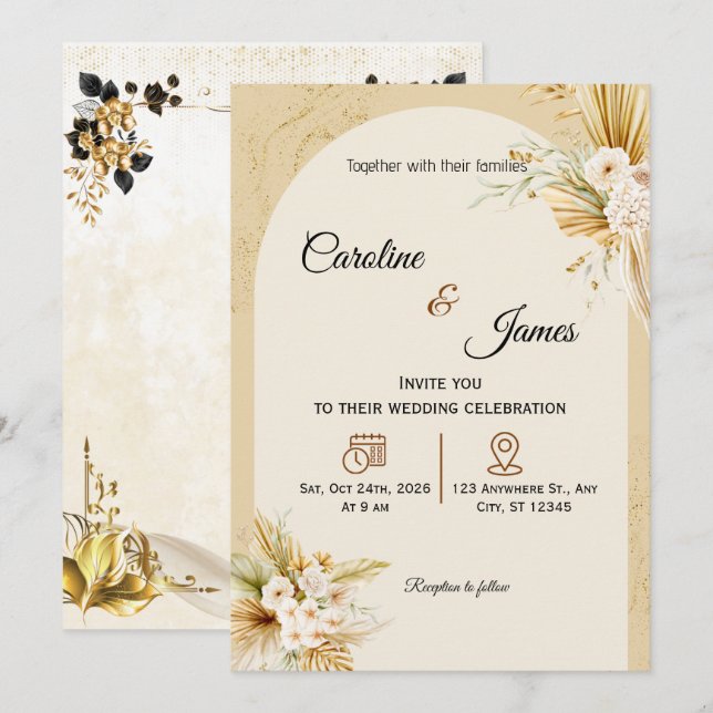 Convites Modern Boho Pampas Grass Arch Wedding Invitation (Frente/Verso)