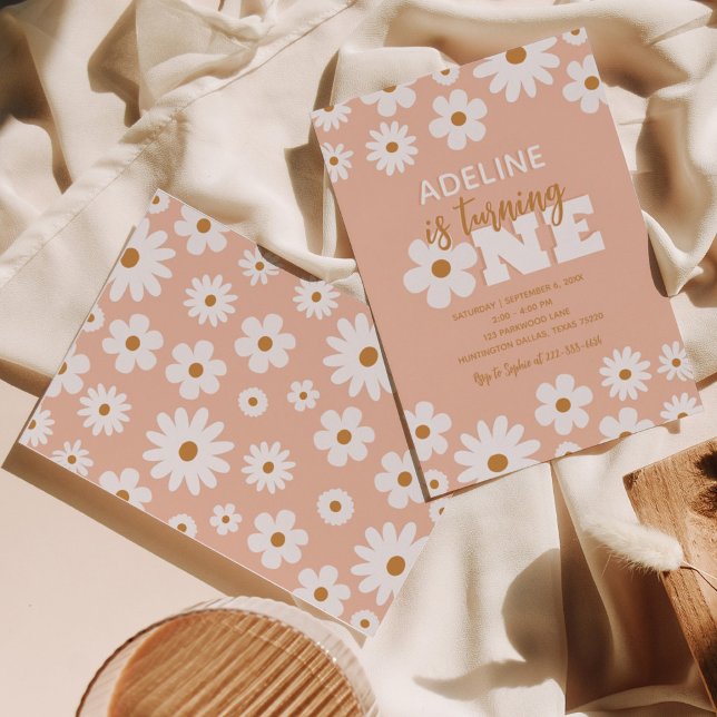 Convites Modern Boho Retro Daisy One Festa de aniversário (Criador carregado)