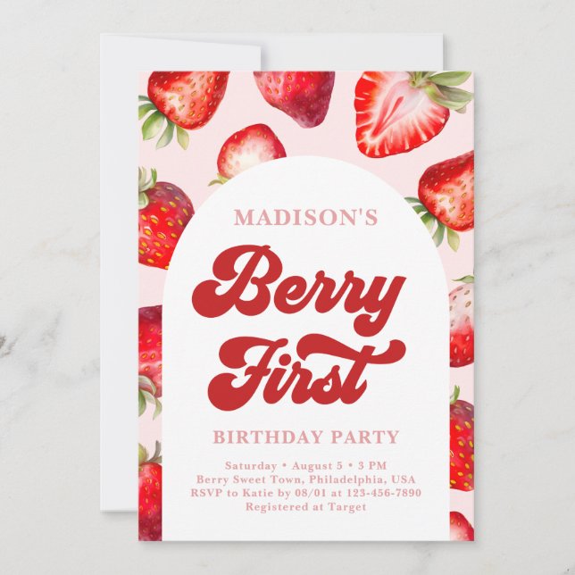 Convites Modern Boho Strawberry Berry Primeiro Aniversário (Frente)