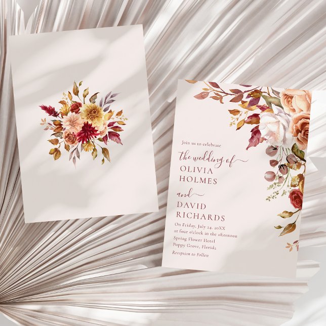 Convites Modern Boho Terracotta Queimou Casamento Floral La (Modern Boho Terracotta Burnt Orange Floral Wedding Invitation on a sunny white dry palm leaf.)
