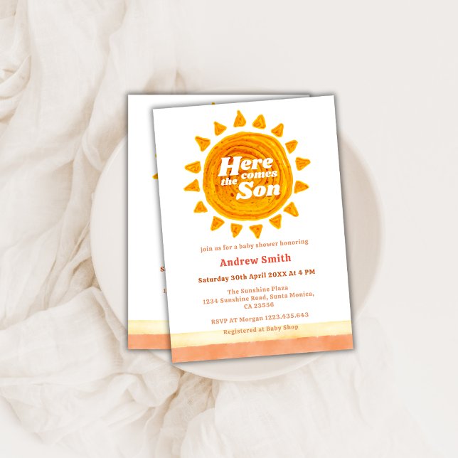 Convites Modern Boho Vem O Chá de fraldas Do Filho (Modern Boho Here Comes The Son Baby Shower Invitation)