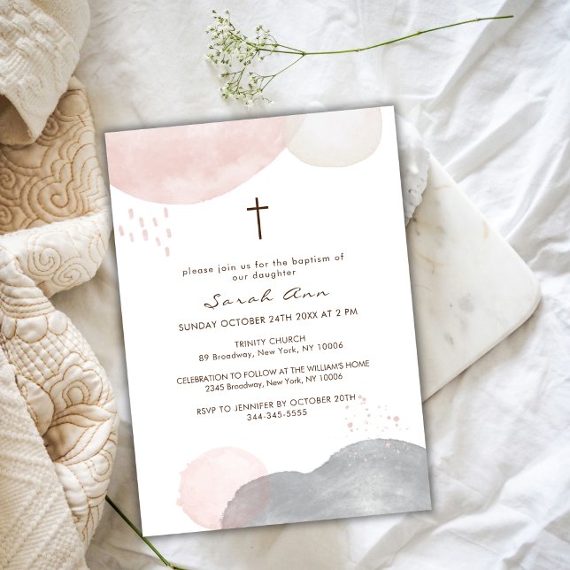 Convites Modern Boho Watercolor Abstrato Cross Baptism (Modern Boho Watercolor Abstract Cross Baptism Invitation)