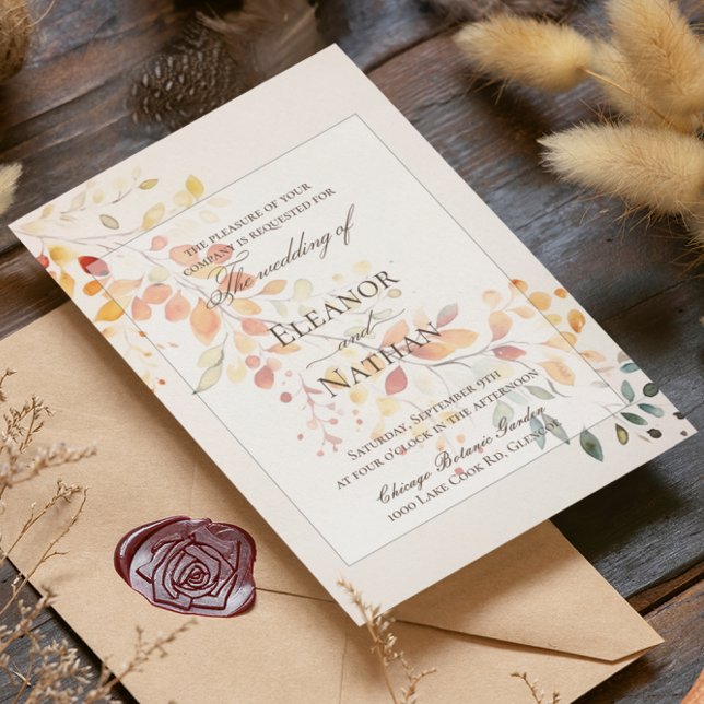 Convites Modern Boho Watercolor Autumn Deixa Casamento (Criador carregado)