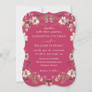 Convites Modern Boho Wildflower Elegant Hot Pink Wedding