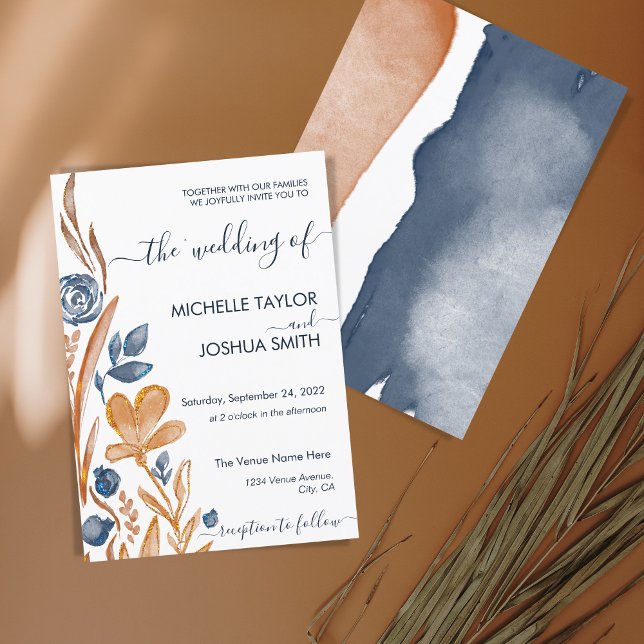 Convites Modern Boho Wildflower Terracotta Marinho Azul (Criador carregado)