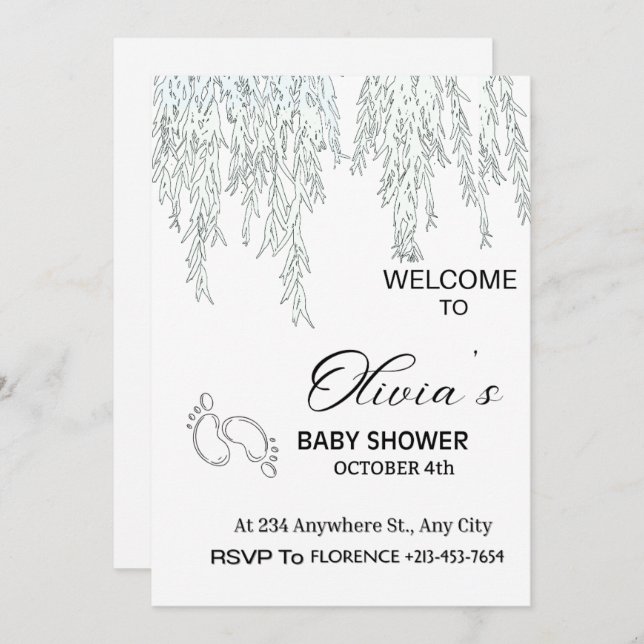 Convites Modern Boho Willow Baby Shower Invitation | Minima (Frente/Verso)