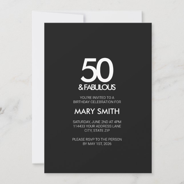 Convites Modern Bold Black Fifty and Fabulous 50th Birthday (Frente)
