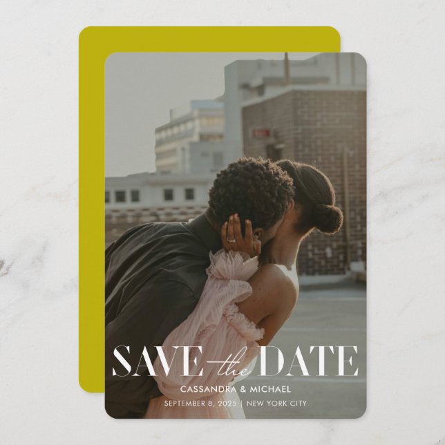 Convites Modern Bold Chartreuse Photo Wedding Save Date (Frente/Verso)