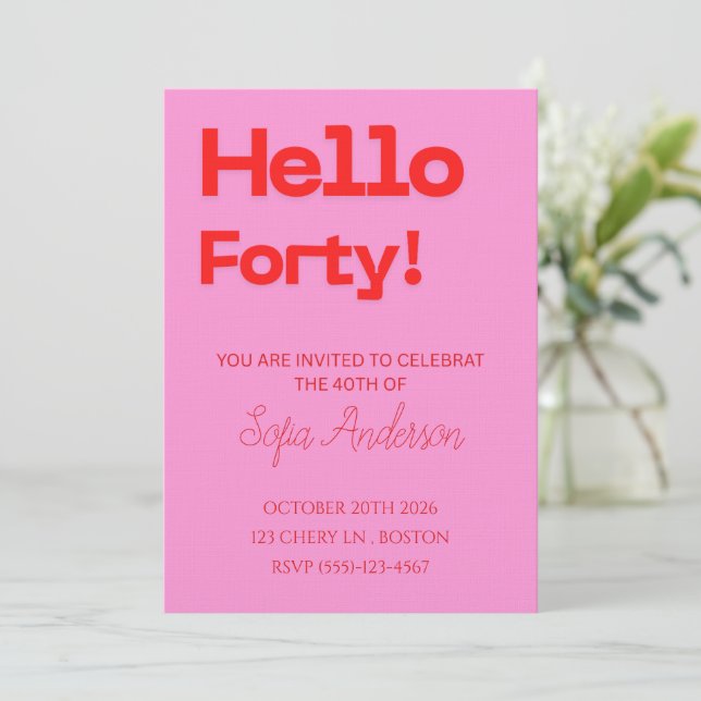 Convites Modern Bold Pink Red Birthday Invitation (Em pé/Frente)