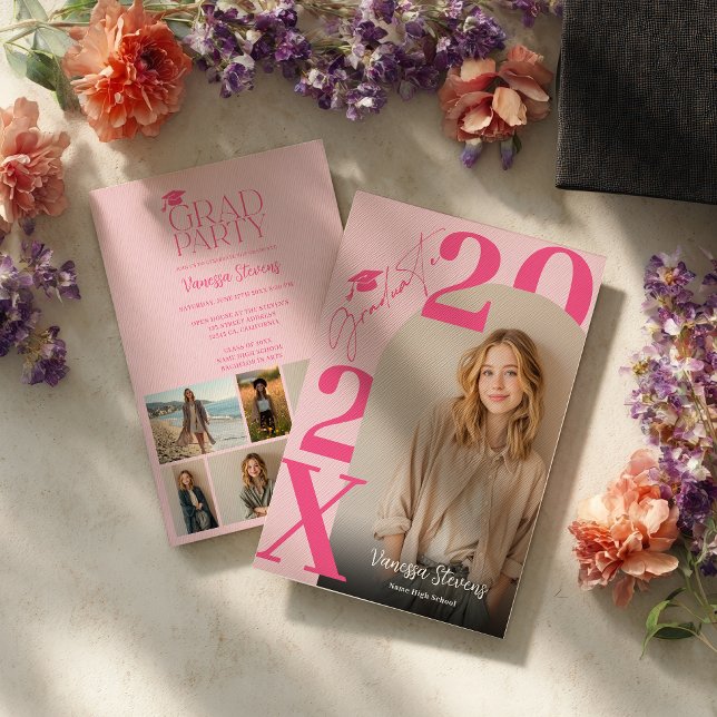 Convites Modern Bold Retro Pink Trendy 6 photos graduation (Modern Bold Retro Pink Trendy 6 photos graduation Invitation)