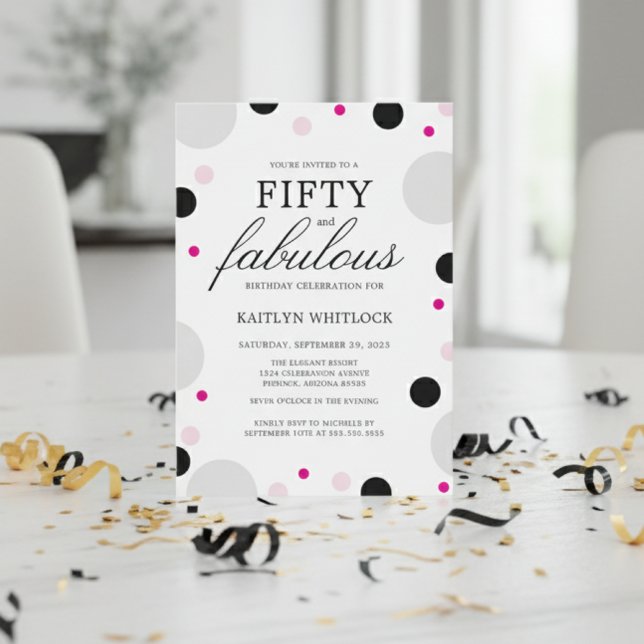 Convites Modern Bold Typography Script 50th Birthday Party (modern pink script fifty and fabulous 50th birthday party invitation polka dots black grey hot pink)