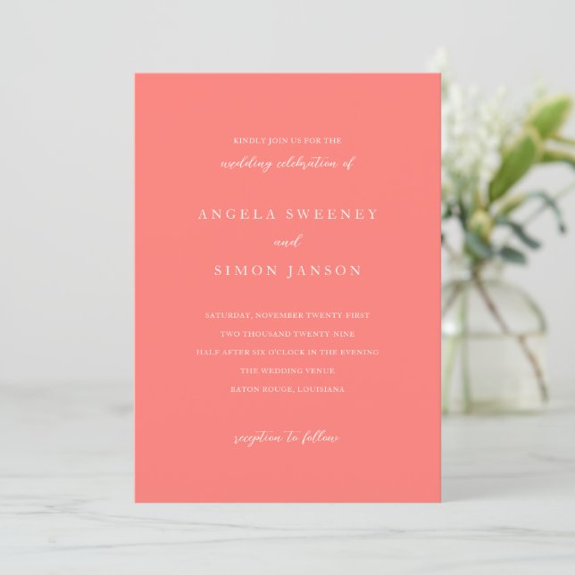 Convites Modern Bold Vibrant Coral Simple Wedding (Em pé/Frente)